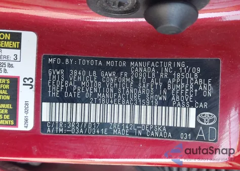 2010 Toyota Corolla S z USA, uszkodzony, nr VIN 2T1BU4EE8AC315919